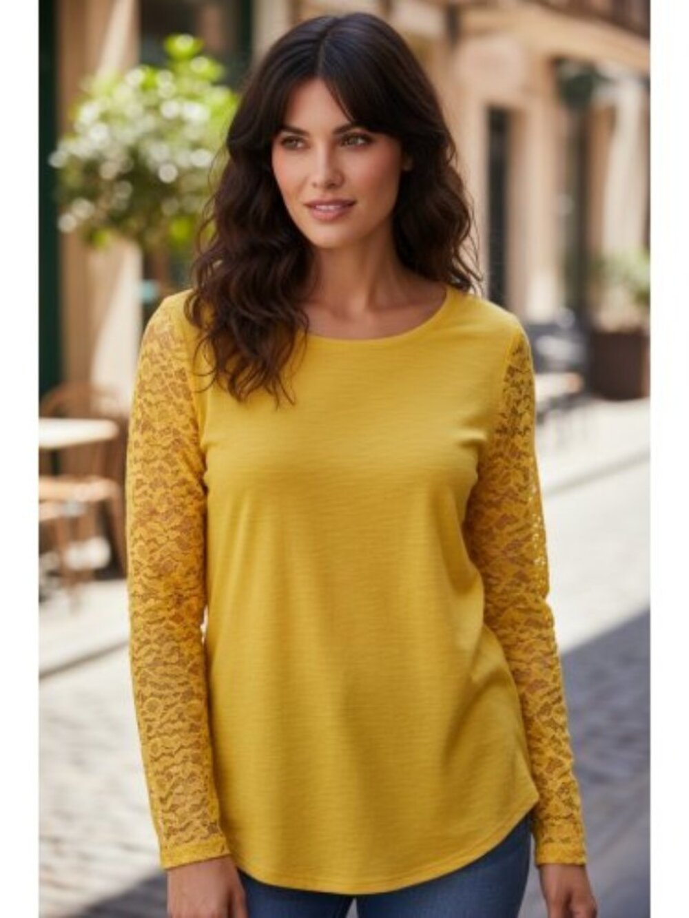 AVON Yellow Floral Lace Sleeve Pullover Top Ladies L Size 12-14